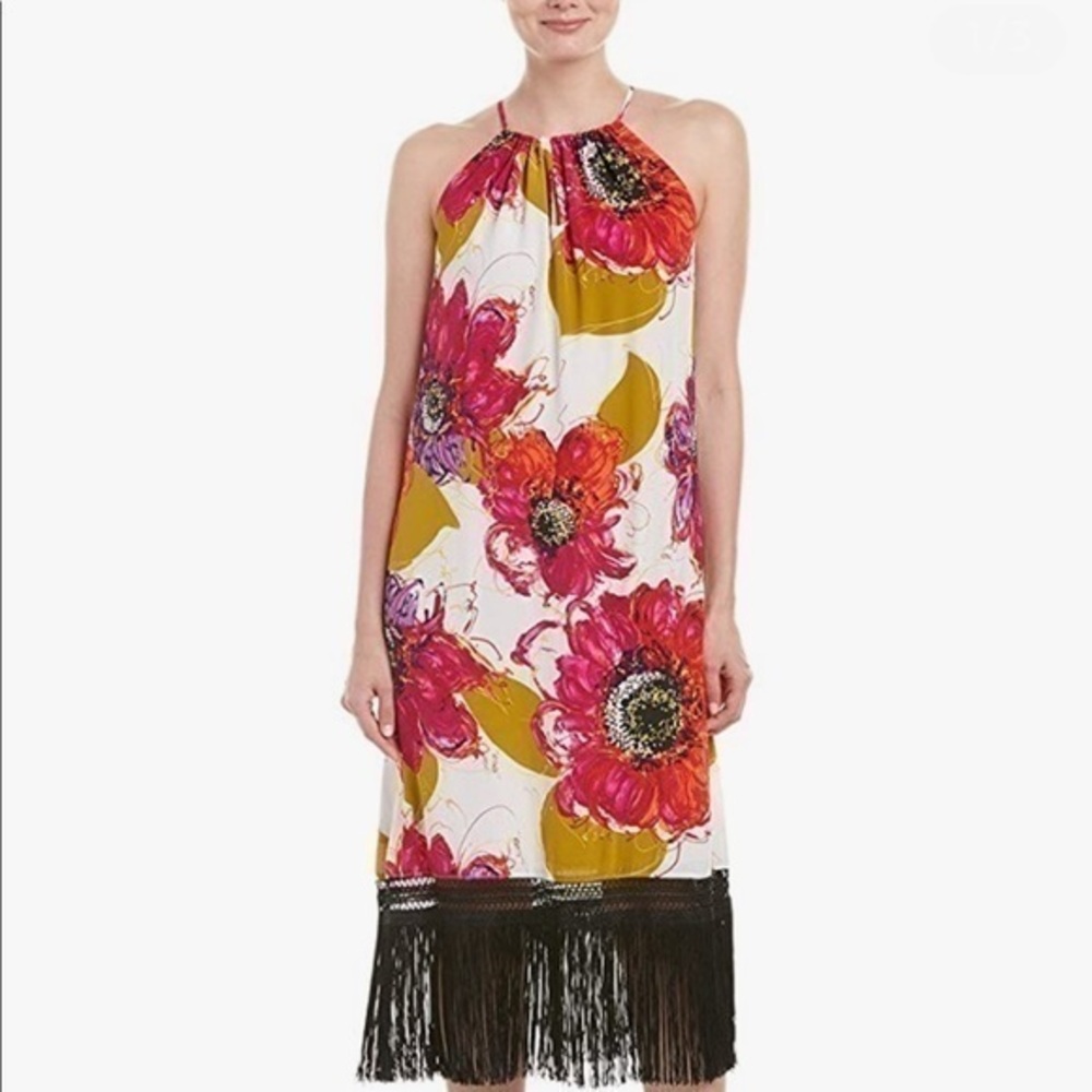 Trina Turk dress Vivianna Bela Roseta Silk Crepe De Chine Fringe Dress